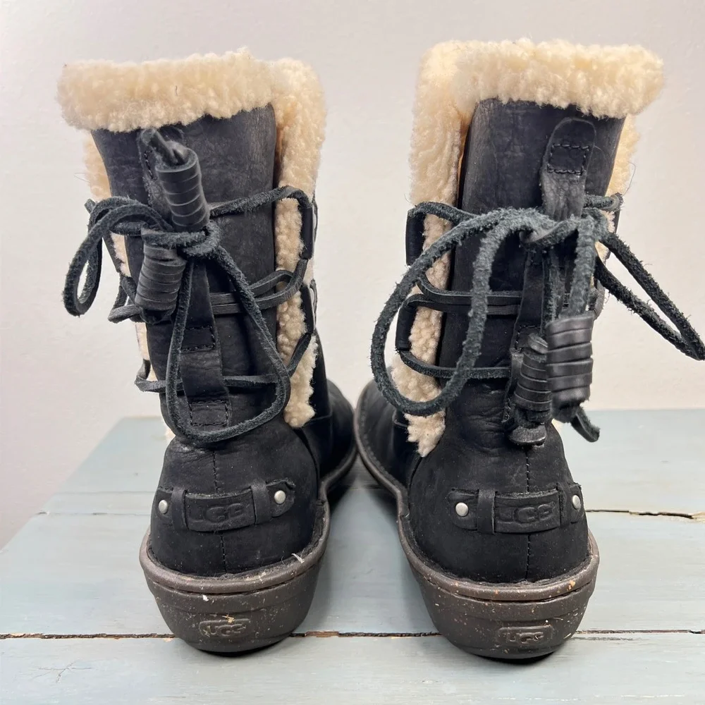 UGG Simmens Black Leather Shearling Lined Winter Boots 1007760 Womens 8